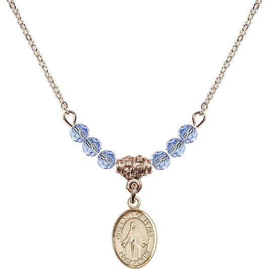 14kt Gold Filled Our Lady of Peace Birthstone Necklace with Light Sapphire Beads - 9245