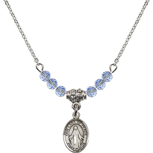 Sterling Silver Our Lady of Peace Birthstone Necklace with Light Sapphire Beads - 9245