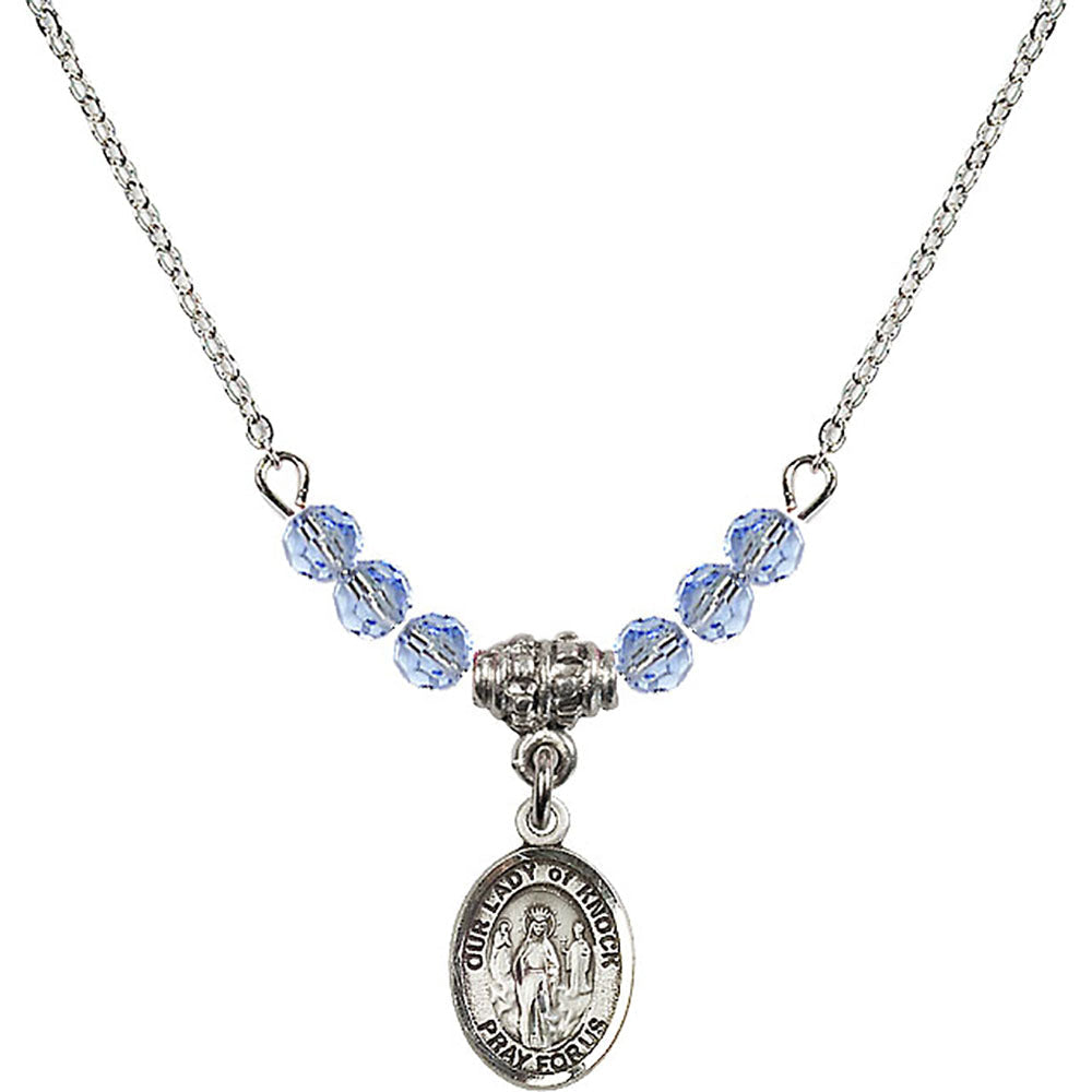 Sterling Silver Our Lady of Knock Birthstone Necklace with Light Sapphire Beads - 9246