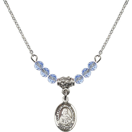 Sterling Silver Our Lady of the Railroad Birthstone Necklace with Light Sapphire Beads - 9247