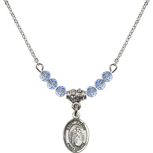 Sterling Silver Saint Aaron Birthstone Necklace with Light Sapphire Beads - 9254