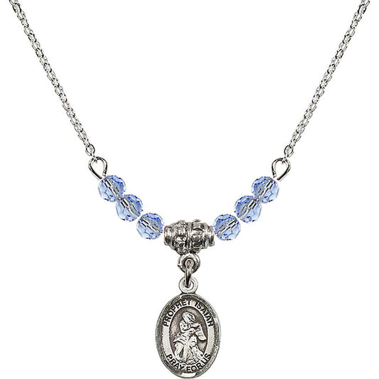 Sterling Silver Saint Isaiah Birthstone Necklace with Light Sapphire Beads - 9258