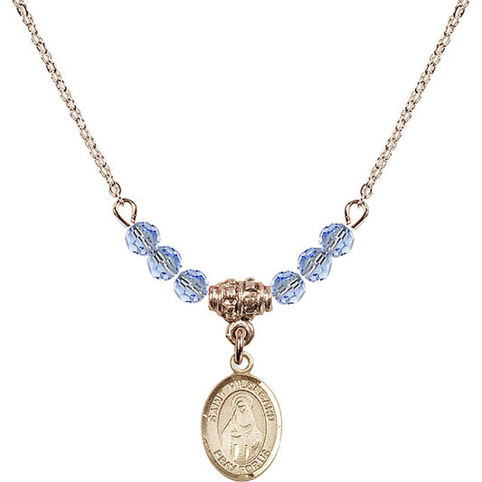 14kt Gold Filled Saint Hildegard von Bingen Birthstone Necklace with Light Sapphire Beads - 9260