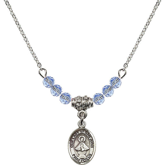 Sterling Silver Our Lady of San Juan Birthstone Necklace with Light Sapphire Beads - 9263