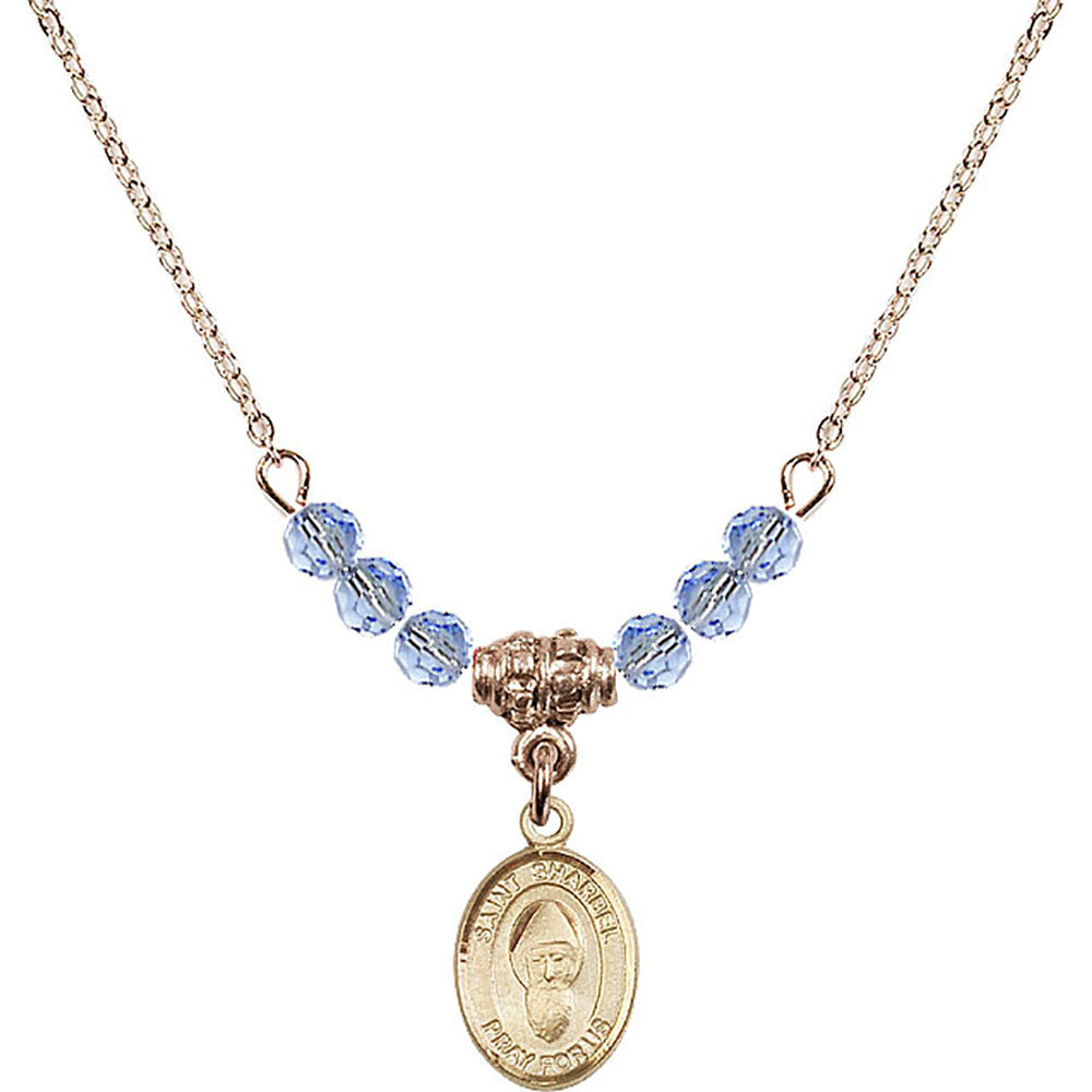 14kt Gold Filled Saint Sharbel Birthstone Necklace with Light Sapphire Beads - 9271