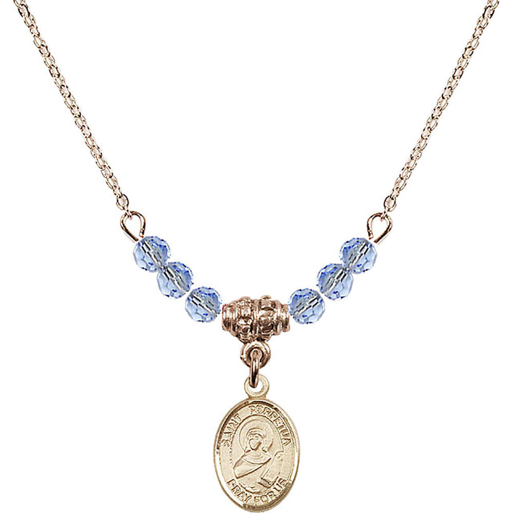 14kt Gold Filled Saint Perpetua Birthstone Necklace with Light Sapphire Beads - 9272