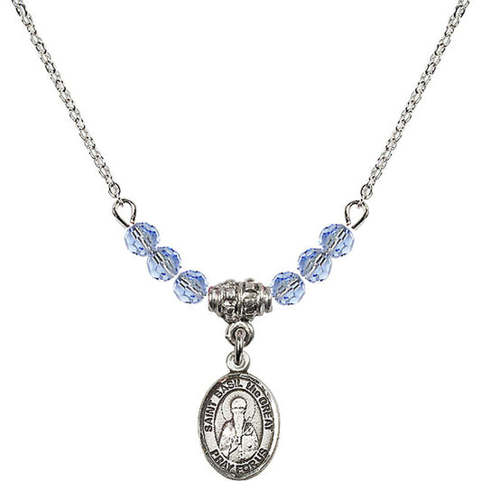 Sterling Silver Saint Basil the Great Birthstone Necklace with Light Sapphire Beads - 9275