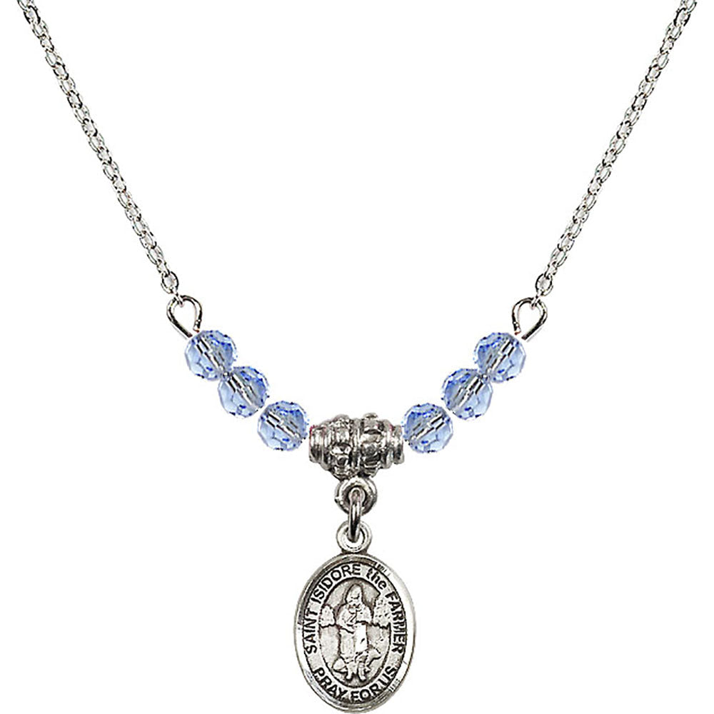 Sterling Silver Saint Isidore the Farmer Birthstone Necklace with Light Sapphire Beads - 9276