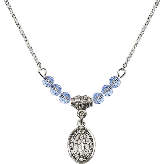 Sterling Silver Saint Isidore the Farmer Birthstone Necklace with Light Sapphire Beads - 9276