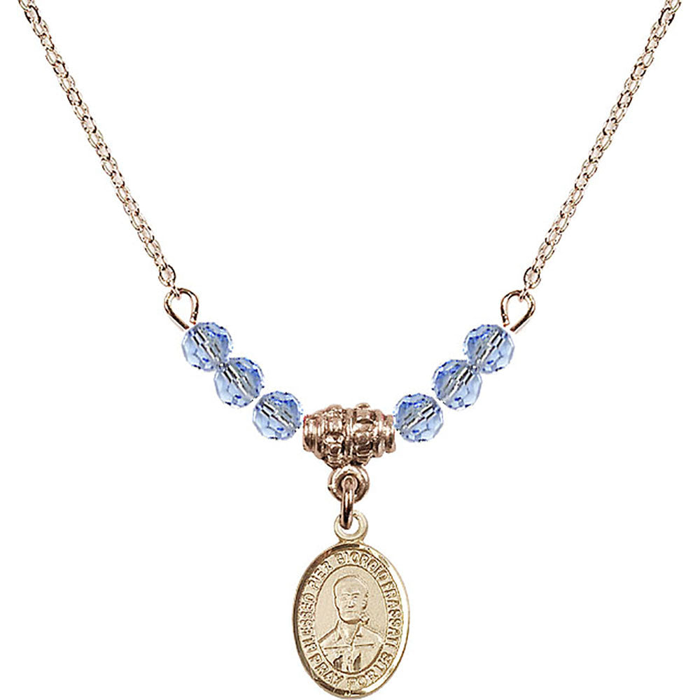 14kt Gold Filled Blessed Pier Giorgio Frassati Birthstone Necklace with Light Sapphire Beads - 9278
