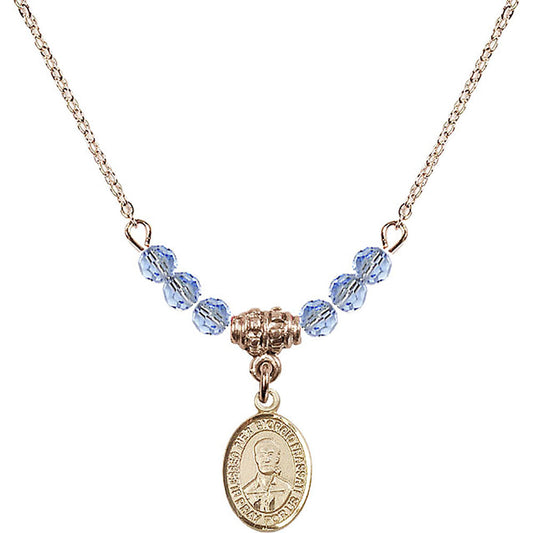 14kt Gold Filled Blessed Pier Giorgio Frassati Birthstone Necklace with Light Sapphire Beads - 9278