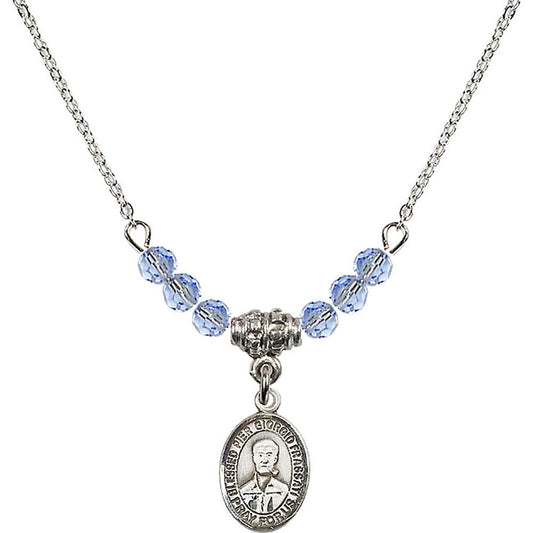 Sterling Silver Blessed Pier Giorgio Frassati Birthstone Necklace with Light Sapphire Beads - 9278