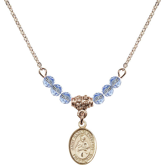14kt Gold Filled Saint Gabriel Possenti Birthstone Necklace with Light Sapphire Beads - 9279