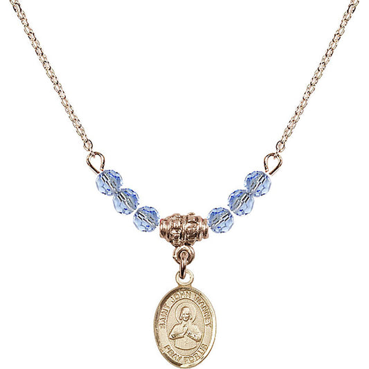 14kt Gold Filled Saint John Vianney Birthstone Necklace with Light Sapphire Beads - 9282