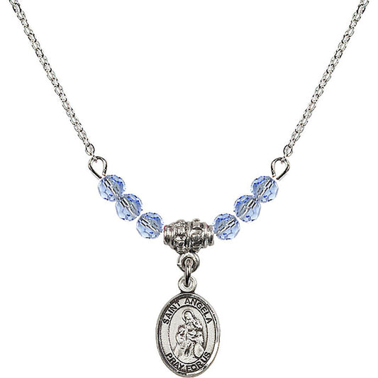 Sterling Silver Saint Angela Merici Birthstone Necklace with Light Sapphire Beads - 9284