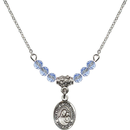 Sterling Silver Our Lady of Good Counsel Birthstone Necklace with Light Sapphire Beads - 9287