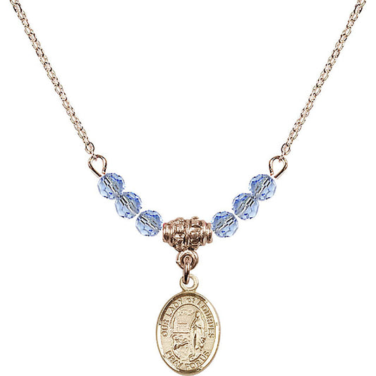 14kt Gold Filled Our Lady of Lourdes Birthstone Necklace with Light Sapphire Beads - 9288