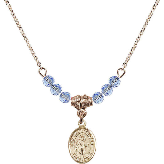 14kt Gold Filled Our Lady of Mercy Birthstone Necklace with Light Sapphire Beads - 9289