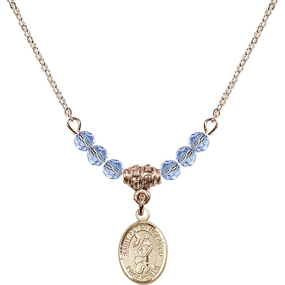 14kt Gold Filled Saint Peter Nolasco Birthstone Necklace with Light Sapphire Beads - 9291