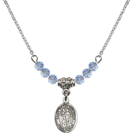 Sterling Silver Saint Peter Nolasco Birthstone Necklace with Light Sapphire Beads - 9291