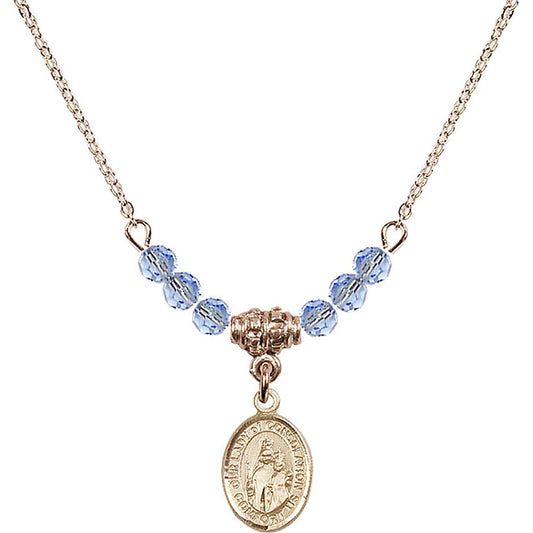 14kt Gold Filled Our Lady of Consolation Birthstone Necklace with Light Sapphire Beads - 9292
