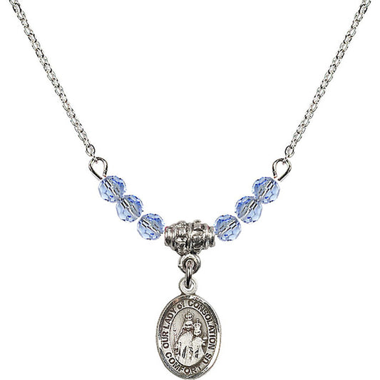 Sterling Silver Our Lady of Consolation Birthstone Necklace with Light Sapphire Beads - 9292