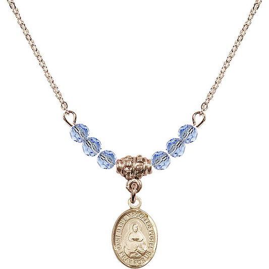 14kt Gold Filled Saint Marie Magdalen Postel Birthstone Necklace with Light Sapphire Beads - 9294