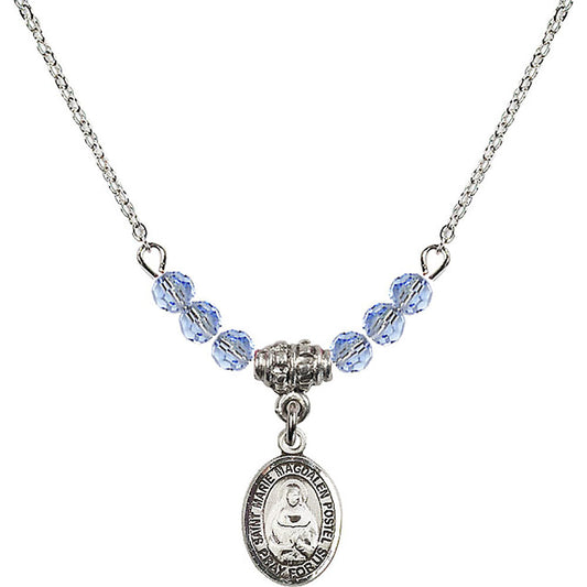Sterling Silver Saint Marie Magdalen Postel Birthstone Necklace with Light Sapphire Beads - 9294