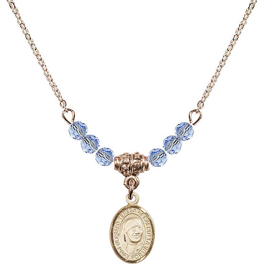 14kt Gold Filled Saint Teresa of Calcutta Birthstone Necklace with Light Sapphire Beads - 9295