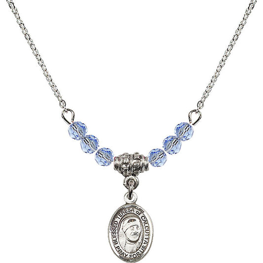 Sterling Silver Saint Teresa of Calcutta Birthstone Necklace with Light Sapphire Beads - 9295