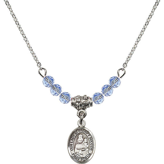 Sterling Silver Our Lady of Prompt Succor Birthstone Necklace with Light Sapphire Beads - 9299