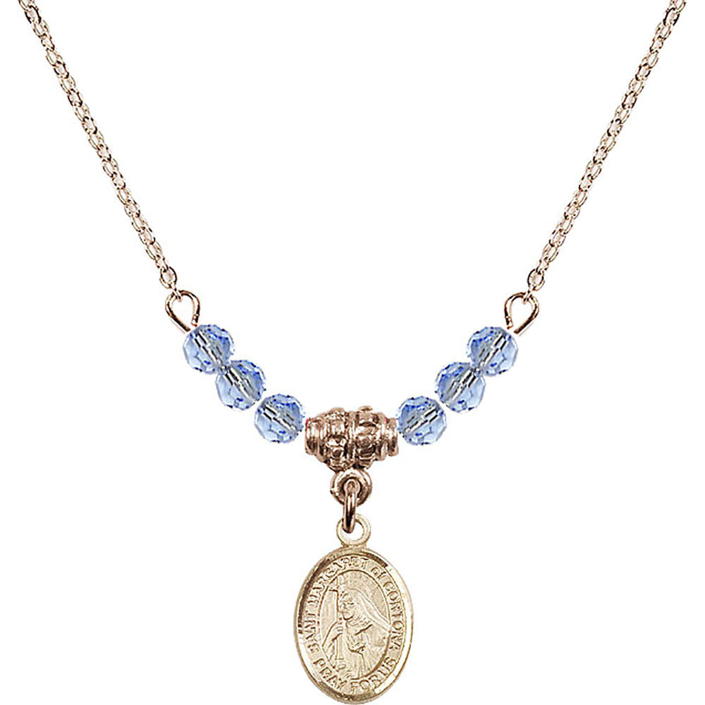 14kt Gold Filled Saint Margaret of Cortona Birthstone Necklace with Light Sapphire Beads - 9301