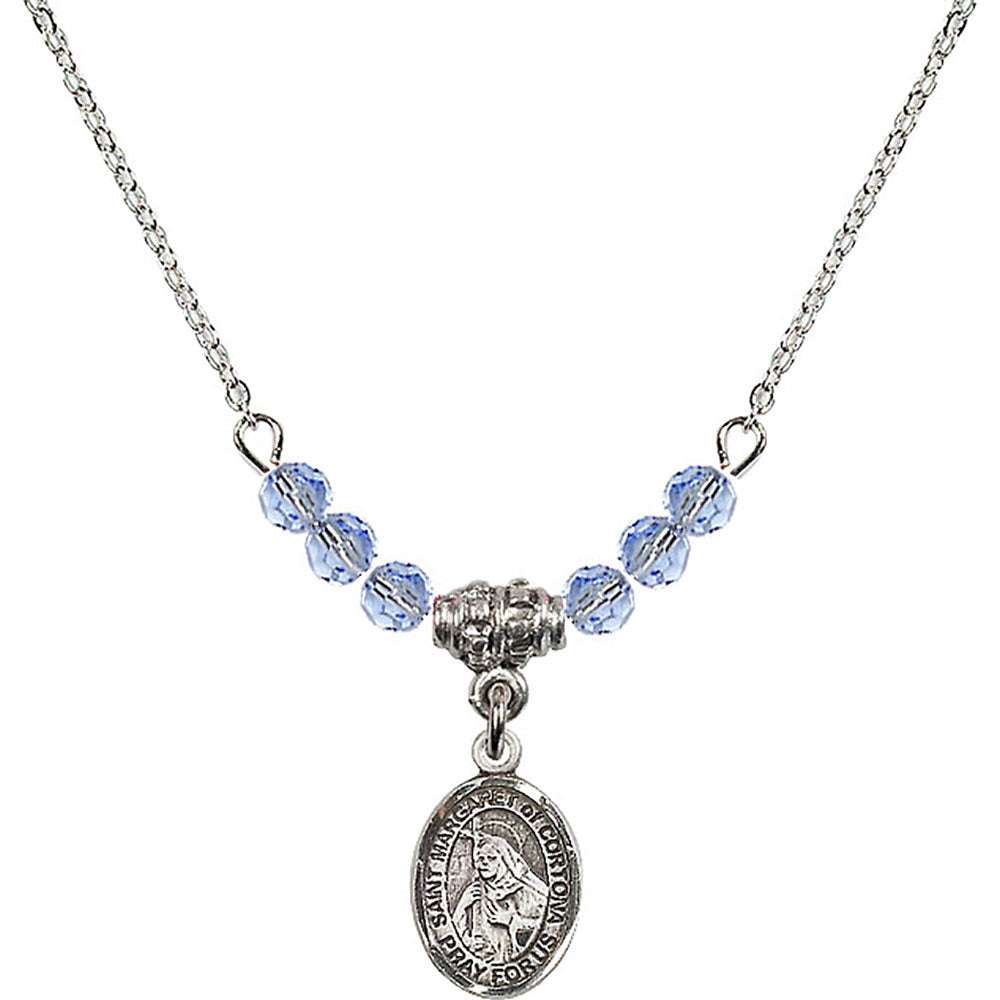 Sterling Silver Saint Margaret of Cortona Birthstone Necklace with Light Sapphire Beads - 9301