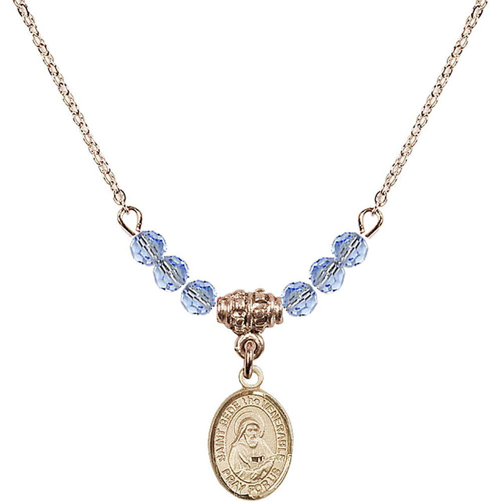 14kt Gold Filled Saint Bede the Venerable Birthstone Necklace with Light Sapphire Beads - 9302