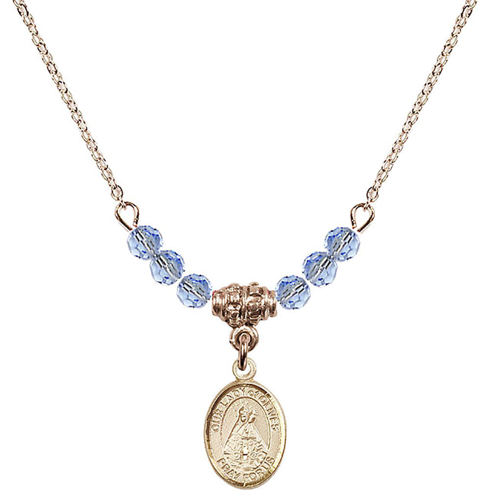 14kt Gold Filled Our Lady of Olives Birthstone Necklace with Light Sapphire Beads - 9303