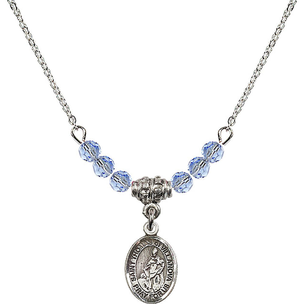 Sterling Silver Saint Thomas of Villanova Birthstone Necklace with Light Sapphire Beads - 9304