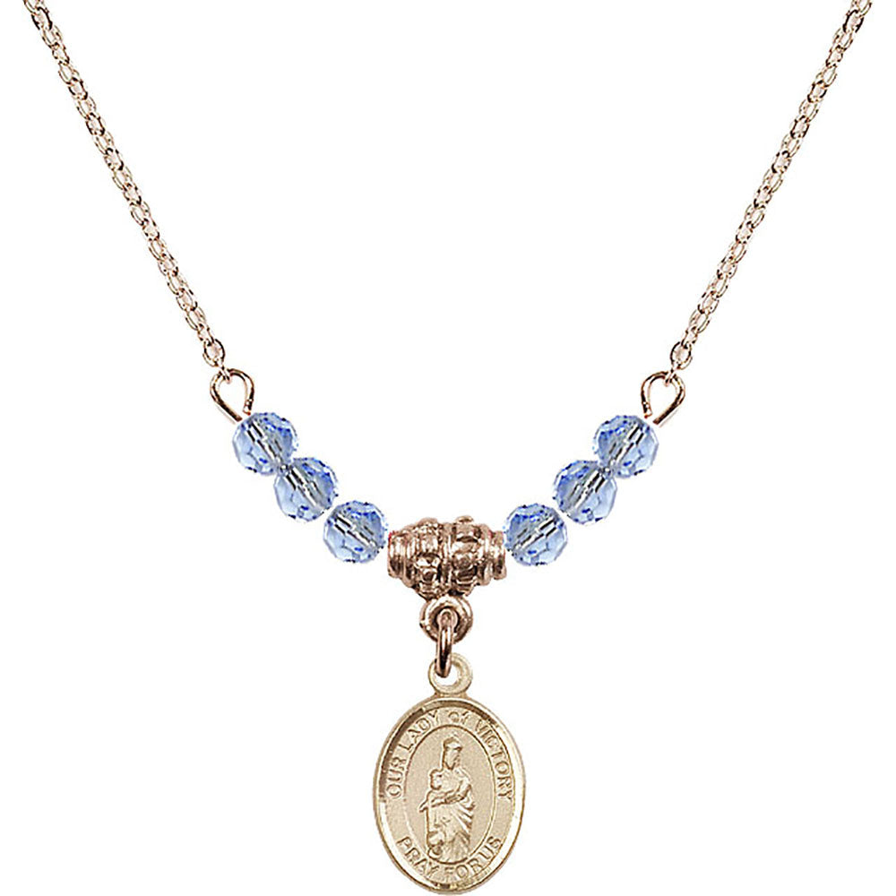 14kt Gold Filled Our Lady of Victory Birthstone Necklace with Light Sapphire Beads - 9306