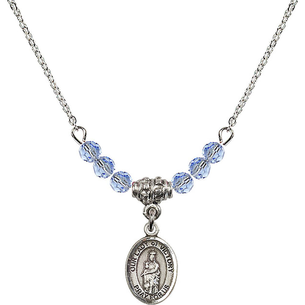 Sterling Silver Our Lady of Victory Birthstone Necklace with Light Sapphire Beads - 9306
