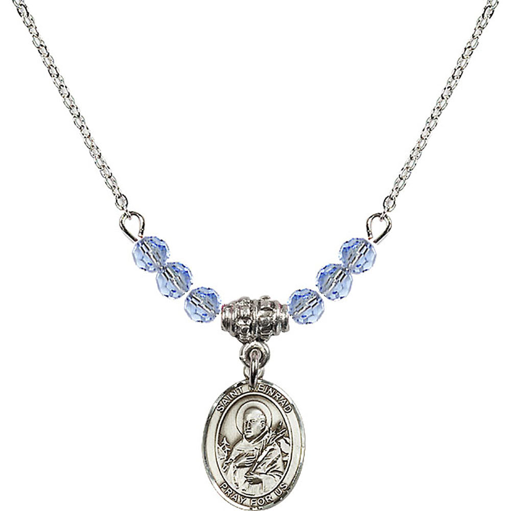 Sterling Silver Saint Meinrad of Einsiedeln Birthstone Necklace with Light Sapphire Beads - 9307