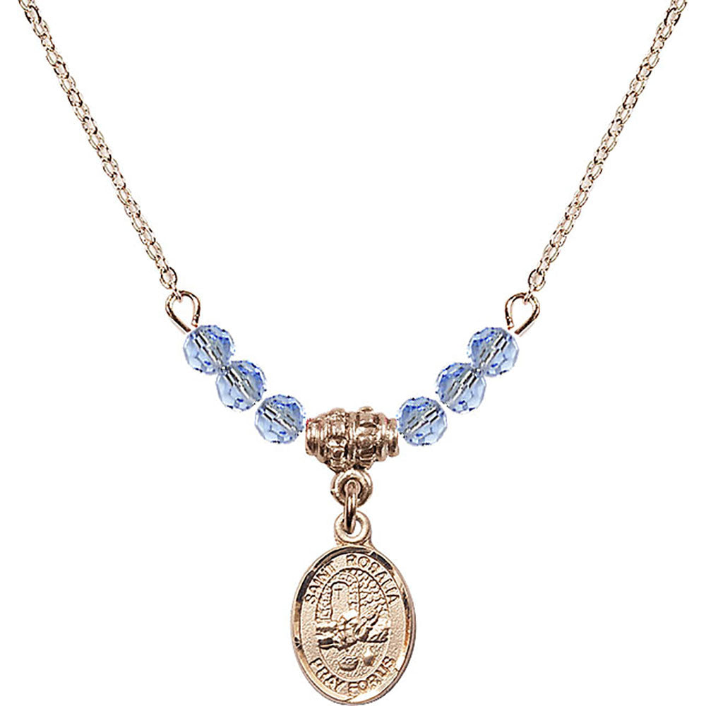 14kt Gold Filled Saint Rosalia Birthstone Necklace with Light Sapphire Beads - 9309