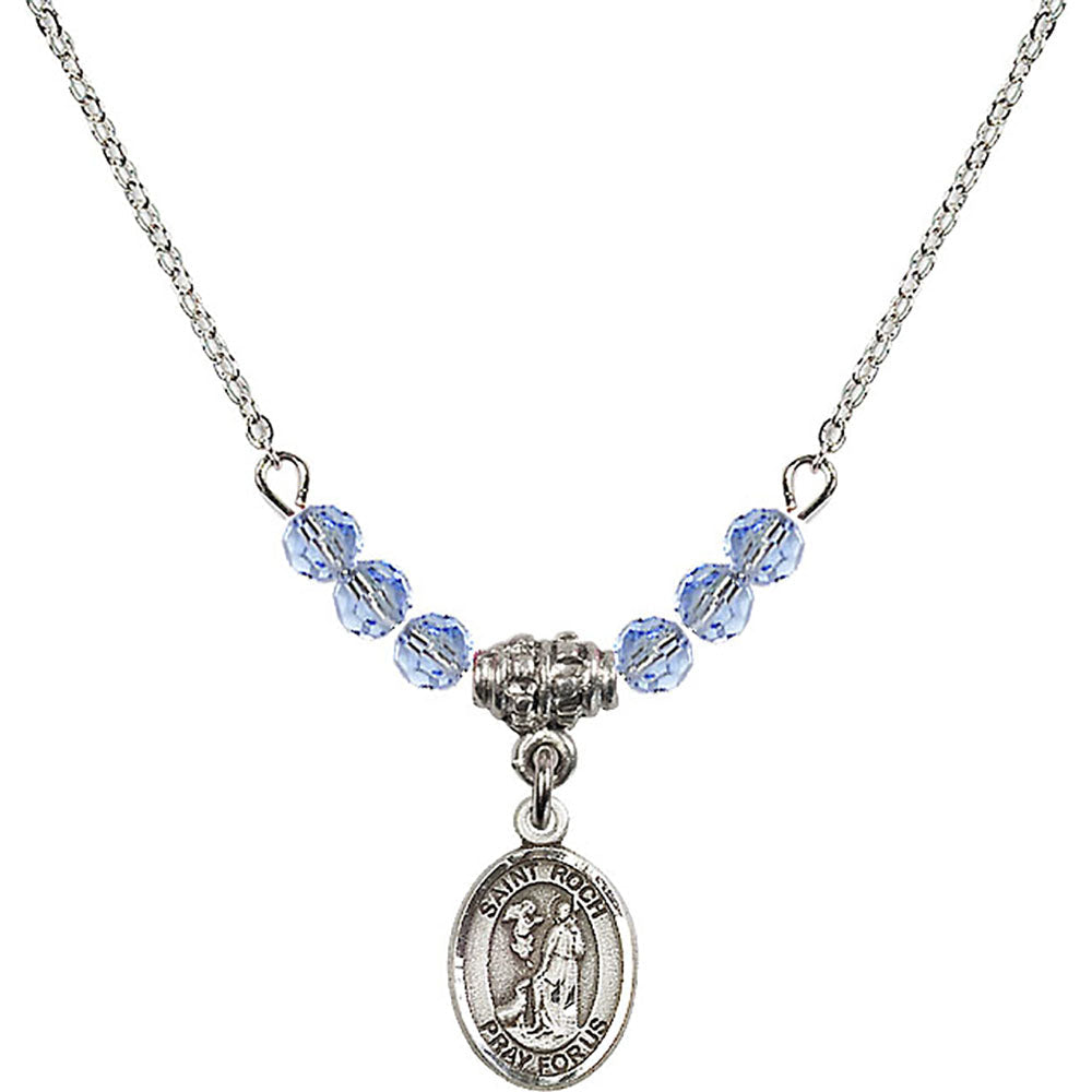 Sterling Silver Saint Roch Birthstone Necklace with Light Sapphire Beads - 9310