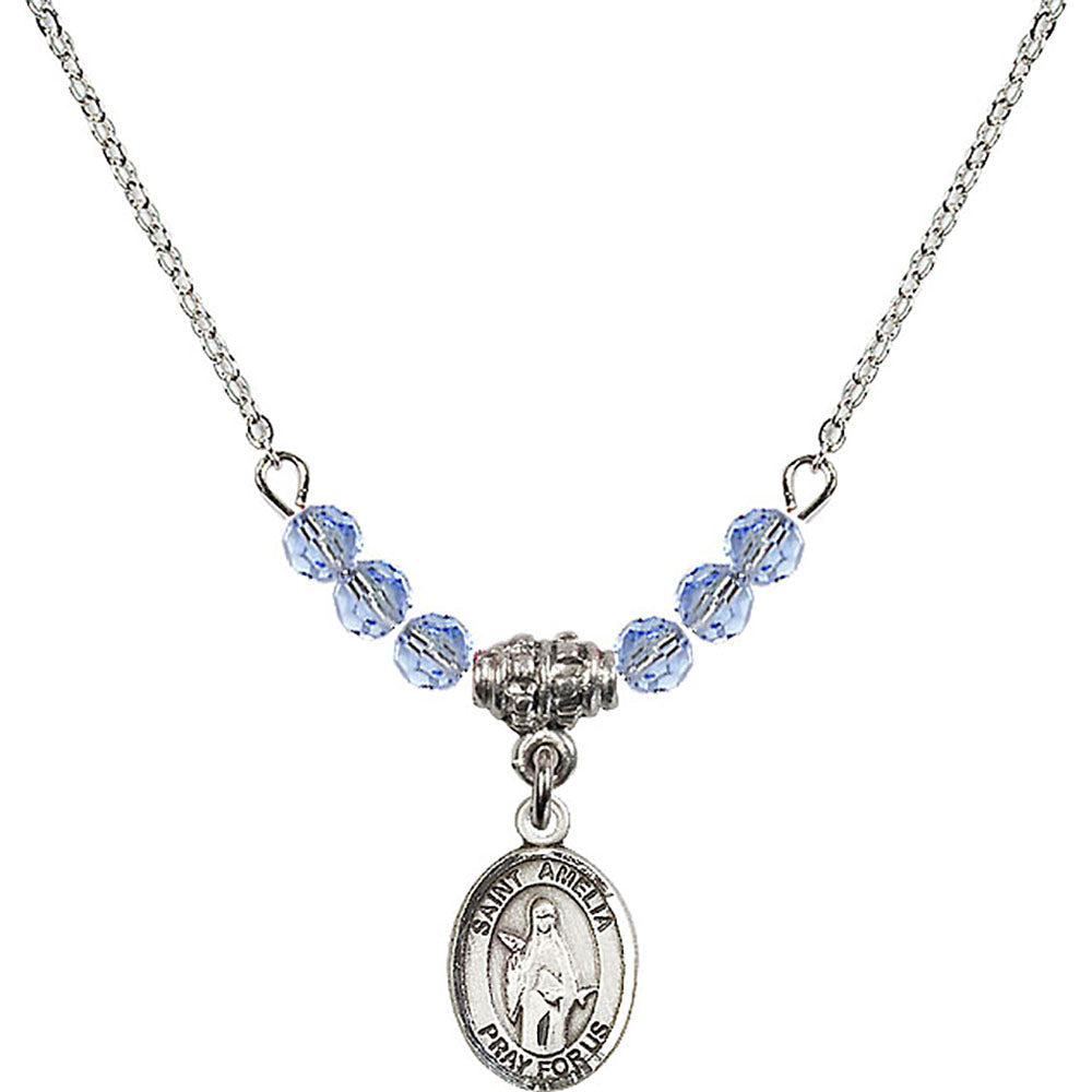 Sterling Silver Saint Amelia Birthstone Necklace with Light Sapphire Beads - 9313