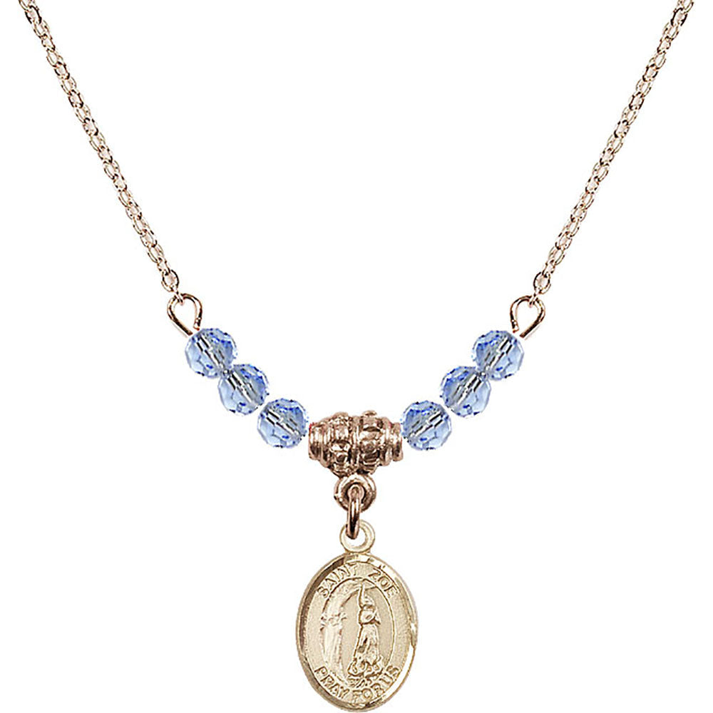 14kt Gold Filled Saint Zoe of Rome Birthstone Necklace with Light Sapphire Beads - 9314