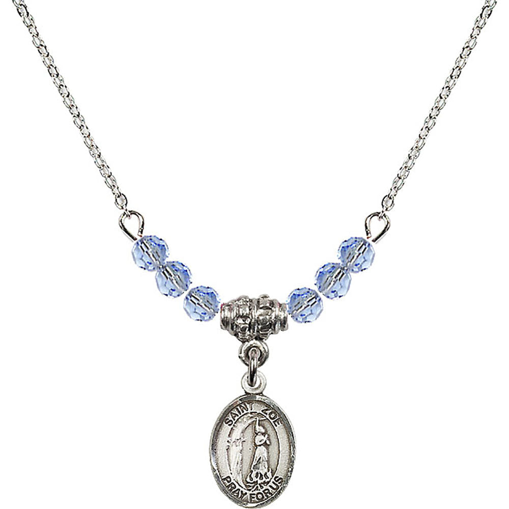 Sterling Silver Saint Zoe of Rome Birthstone Necklace with Light Sapphire Beads - 9314