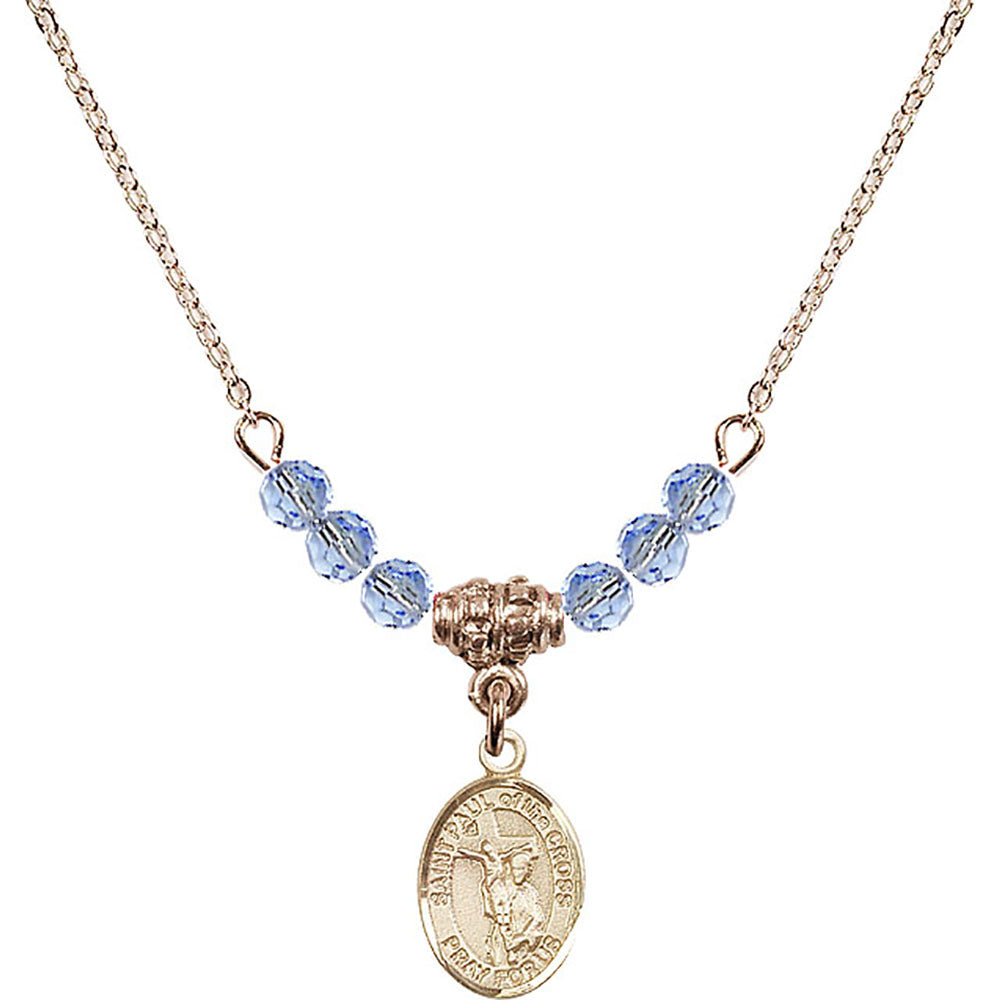 14kt Gold Filled Saint Paul of the Cross Birthstone Necklace with Light Sapphire Beads - 9318