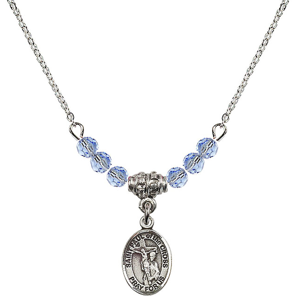Sterling Silver Saint Paul of the Cross Birthstone Necklace with Light Sapphire Beads - 9318