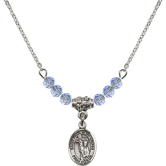 Sterling Silver Saint Paul of the Cross Birthstone Necklace with Light Sapphire Beads - 9318