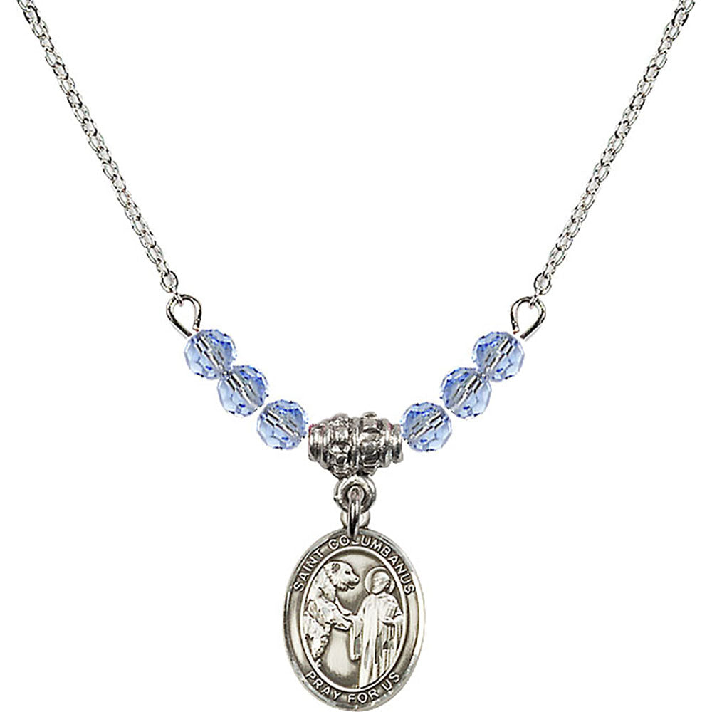 Sterling Silver Saint Columbanus Birthstone Necklace with Light Sapphire Beads - 9321