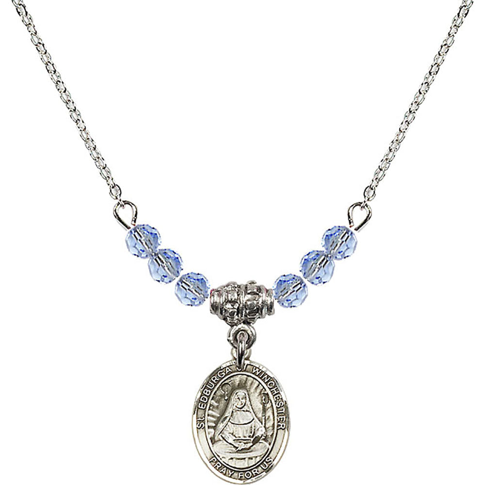 Sterling Silver Saint Edburga of Winchester Birthstone Necklace with Light Sapphire Beads - 9324