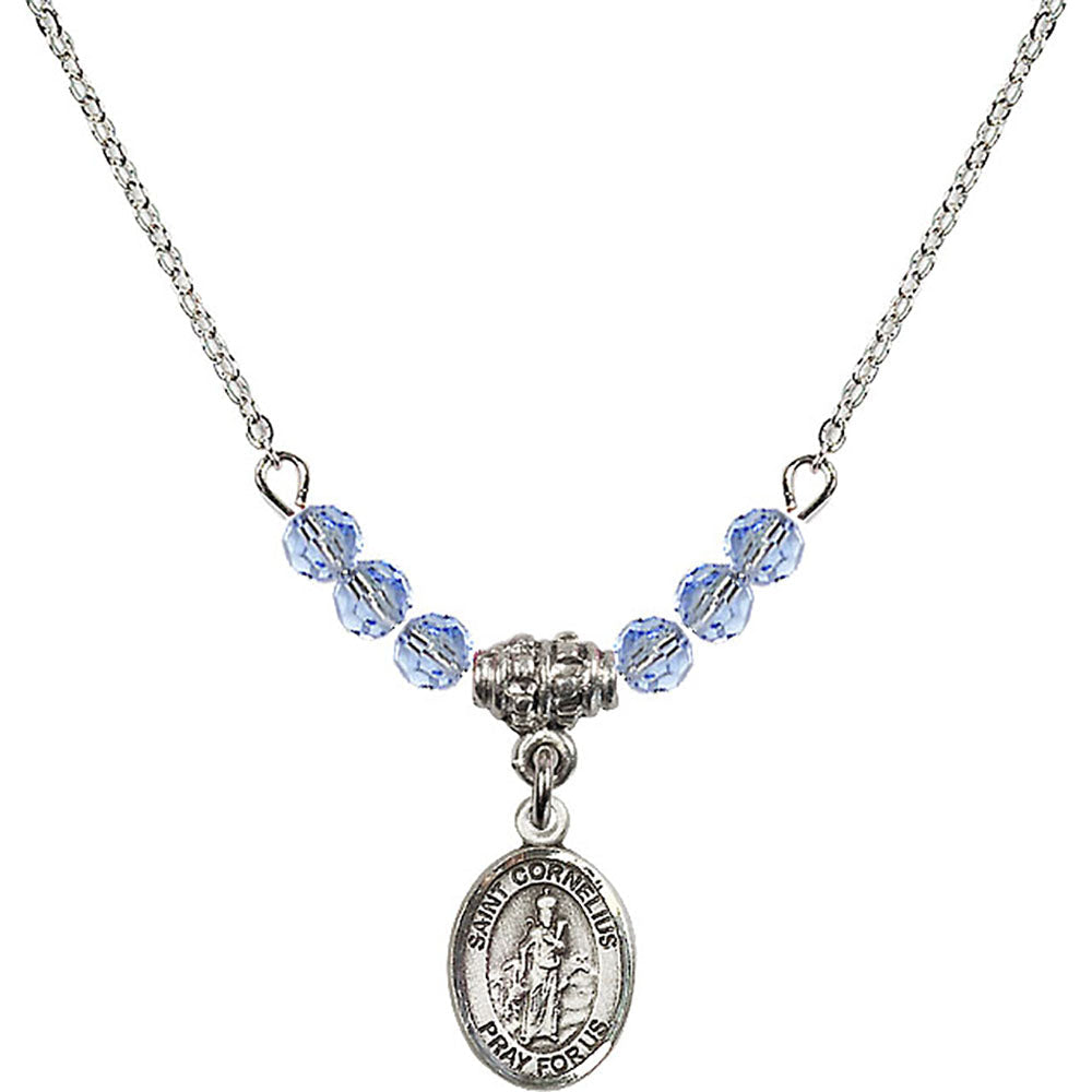 Sterling Silver Saint Cornelius Birthstone Necklace with Light Sapphire Beads - 9325